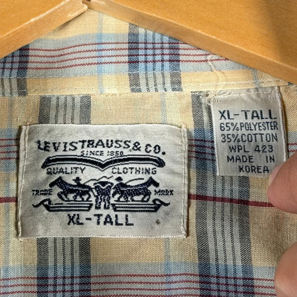 Levis Vintage Western Pearl Snap Shirt Mens XL Tall Plaid Tan Blue Red Korea